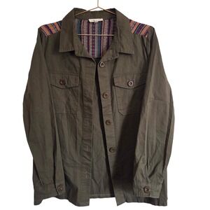 CRESCENT Olive Green‎ Utility Shacket Jacket with Aztec Print Lined Size M